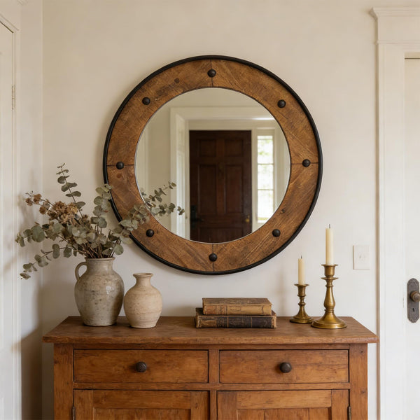 Round Wood Wall Mirror with Black Metal Frame