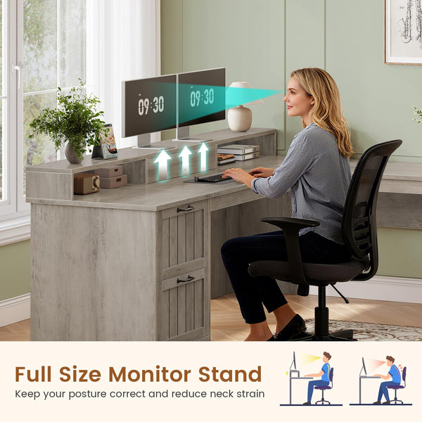 63" L-Shaped Desk with Drawers, Monitor Stand & Storage Cabinet