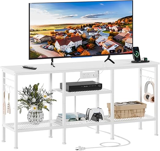 TV Stand with Power Outlets & Open Storage Shelves for 55 Inch TVs