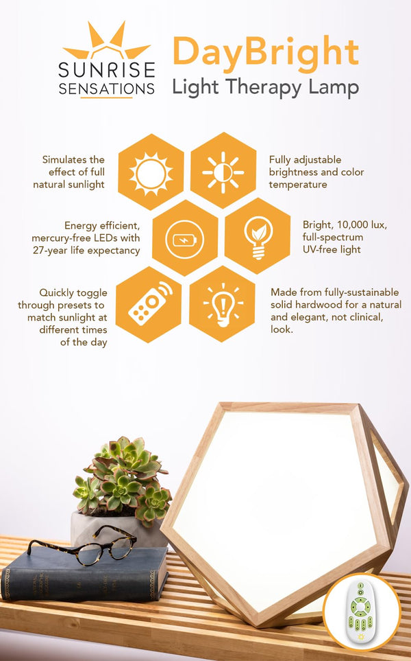 DayBright Light Therapy Lamp Full Spectrum, 10,000 LUX, UV-Free, Full Size, Adjustable, Happy Sun Lamp, Sunlight Lamp for Daylight Feelings - Crafted from Solid Wood