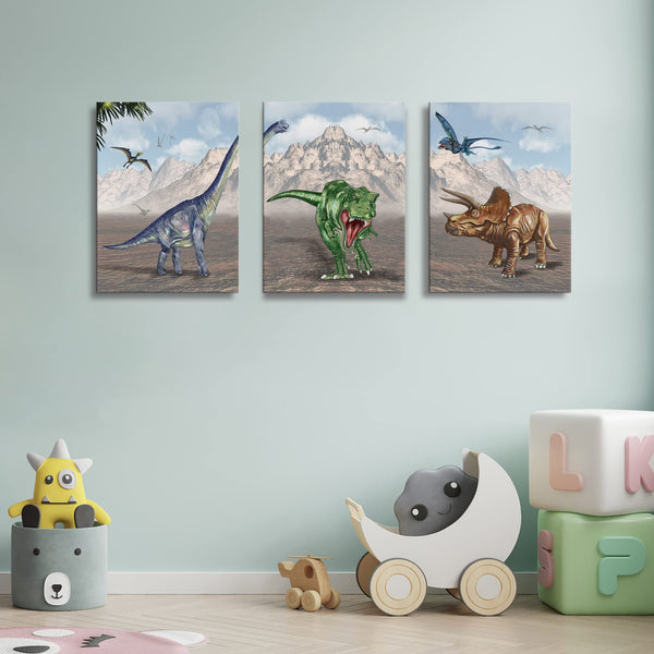 Dinosaur Canvas Wall Art – 3-Panel Framed Set, 16"x24" Each