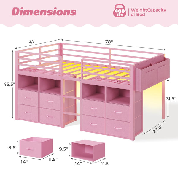 Low Loft Bed Twin with 8 Storage Drawers, Bookcase & LED Lights