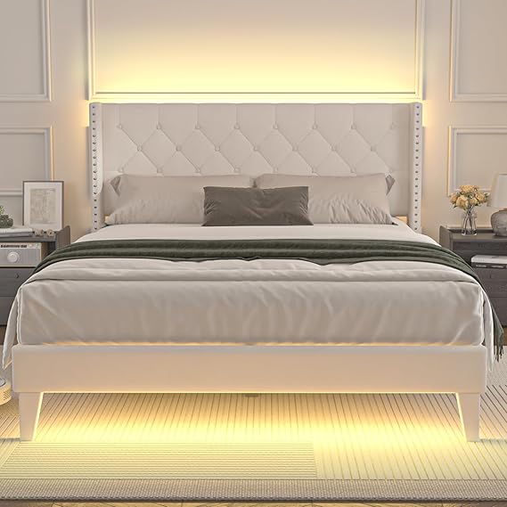 LED Upholstered Platform Bed Frame with Headboard & Footboard