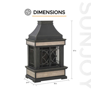 Sunjoy Outdoor Fireplace, Stone Look Tile Patio Wood Burning Steel Fireplace with Chimney, Spark Screen, Fire Poker, Rain Cover, and Removable Grate, Black with Golden Highlight