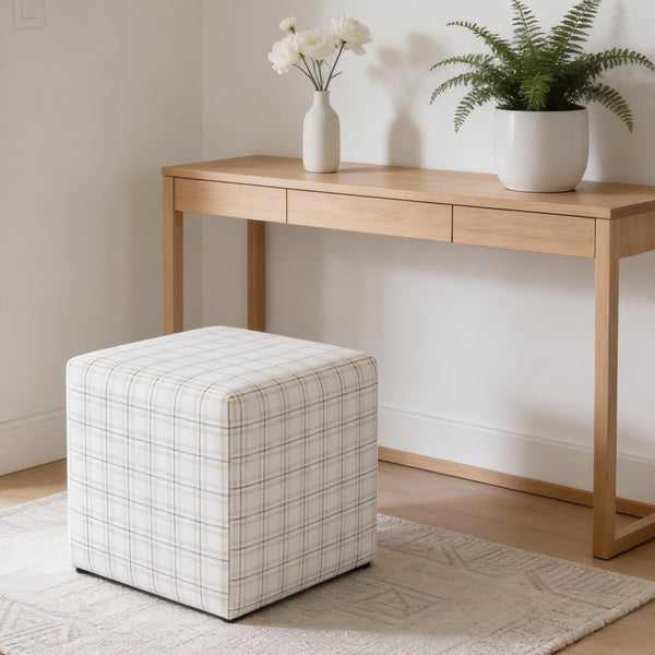 19" Square Upholstered Cube Ottoman – Wood Frame, Plaid Fabric