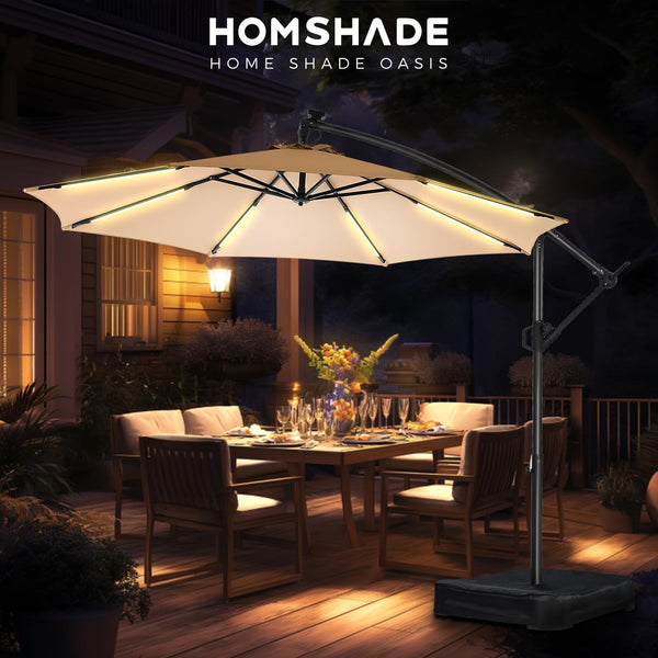 10 ft Offset Patio Umbrella with Solar LED Lights & Base