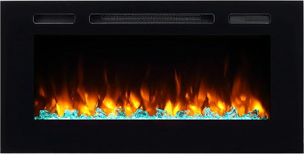 Recessed Electric Fireplace with Log Set & Crystal