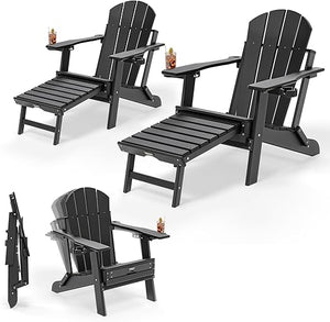 Folding Adirondack Chairs with Retractable Footrest & Cup Holders – HDPE, 400 LBS Capacity
