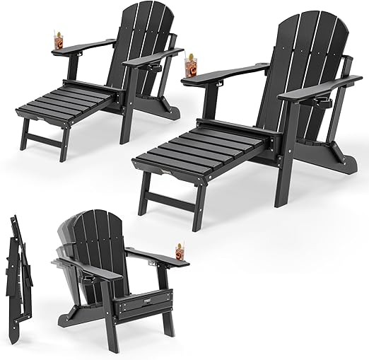 Folding Adirondack Chairs with Retractable Footrest & Cup Holders – HDPE, 400 LBS Capacity