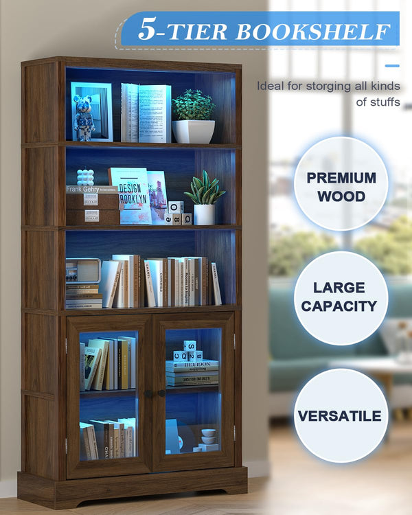 5-Tier Bookshelf with Ambient Lighting and Cabinet Doors
