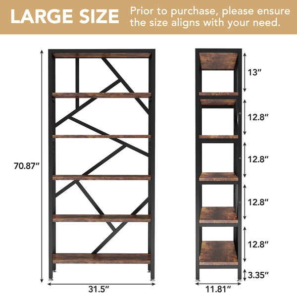 6-Tier Industrial Bookshelf 71 Inch – Open Etagere Bookcase
