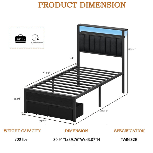 Twin Platform Bed with LED Lights, Charging Station & Storage Drawers