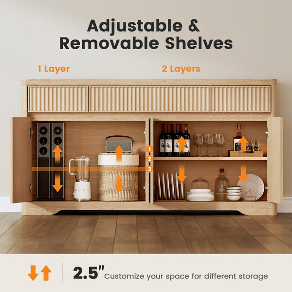 57" Fluted Buffet Cabinet with Storage – Sideboard Credenza with Drawers & Doors