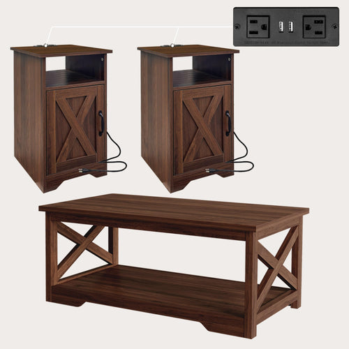 Farmhouse Rustic Coffee & End Table Set of 3 with Charging Station