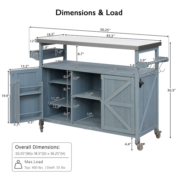 Outdoor Grill Cart with Storage, Rolling Bar Cart and Lockable Wheels, Farmhouse Solid Wood Outdoor Grill Table with Stainless Steel Top, Spice Rack, Towel Rack for Kitchen and BBQ, Grey Blue