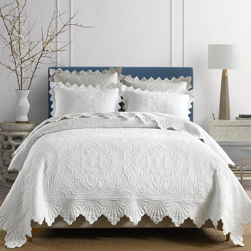 White Floral Cotton Quilt Bedding Set