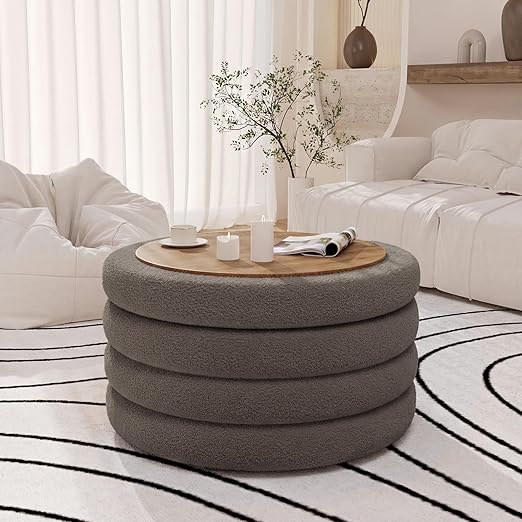 Round Sherpa Storage Ottoman Coffee Table