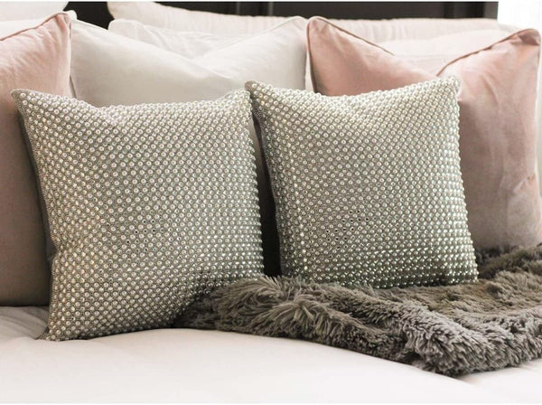 Decorative Throw Pillow with Pearl & Rhinestone Embellishment