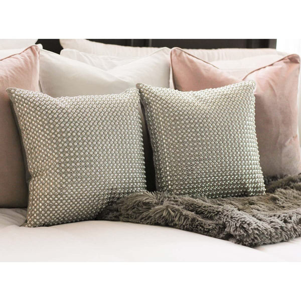 Decorative Throw Pillow with Pearl & Rhinestone Embellishment