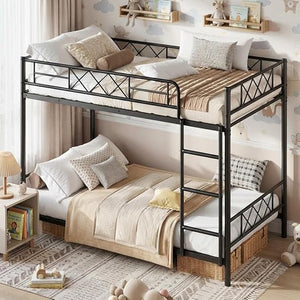 Twin Over Twin Bunk Bed with Stairs and Guardrails