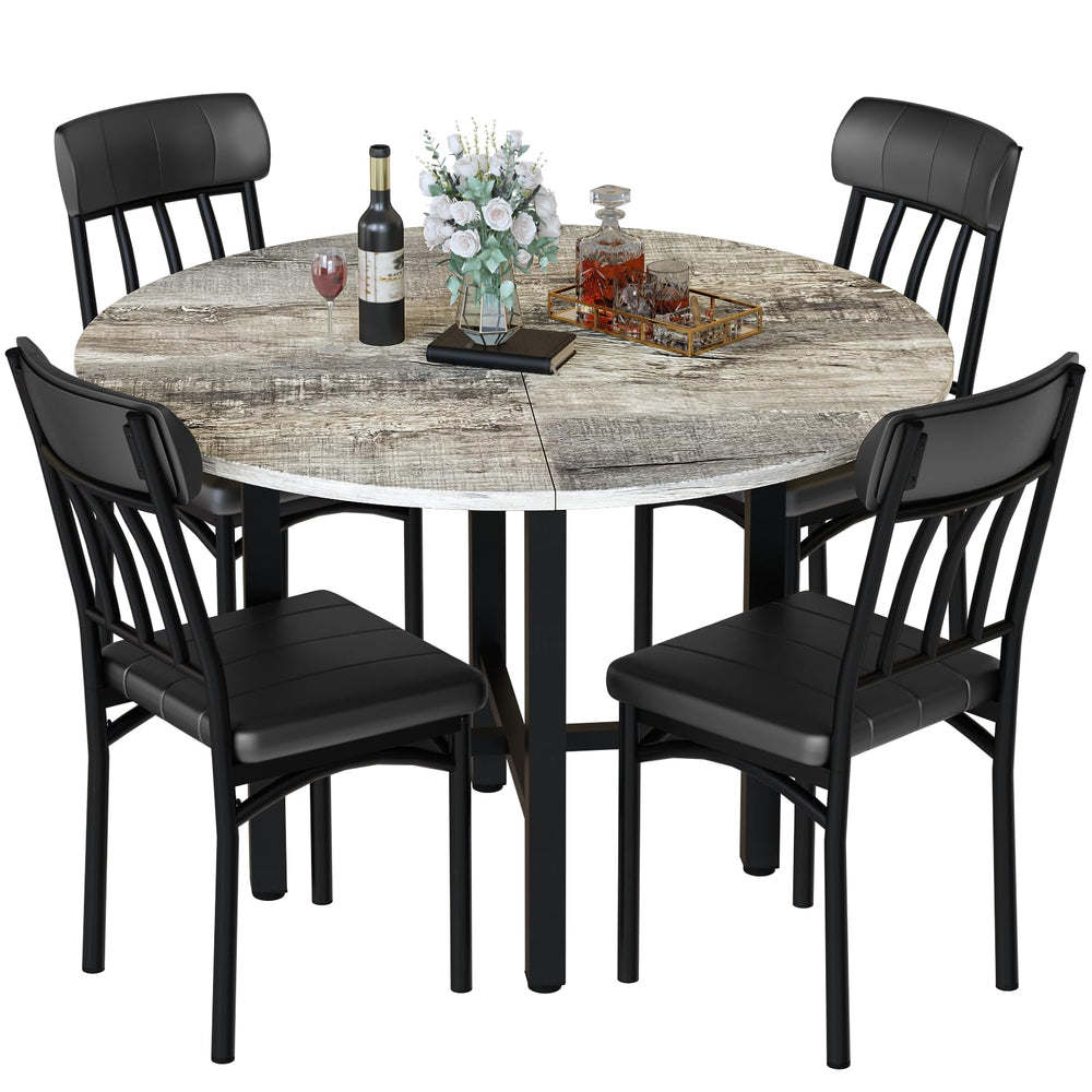 Round Dining Table Set for 4 with Faux Leather Chairs