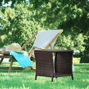Outdoor Wicker Patio Side Table with Storage – 2-Layer PE Rattan End Table