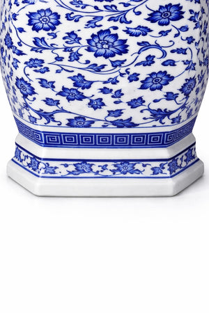 Large Hexagonal Blue and White Porcelain Lotus Vase
