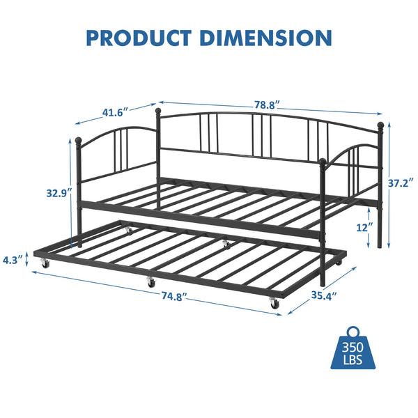 GarveeHome Daybed with Trundle, Sturdy Metal Day Bed with Steel Slat Support, Trundle Bed Twin with Arched Headboard, SofaBed for Living Room, Bedroom and Guest Room, Black
