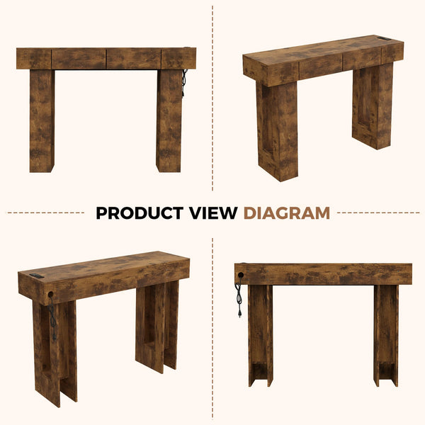 47" Farmhouse Console Table with LED Light, Drawers & Charging Station