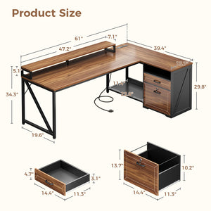 L-Shaped Executive Desk with File Cabinet, LED Lights & Power Outlet, 61 Inch Corner Computer Desk with Monitor Stand