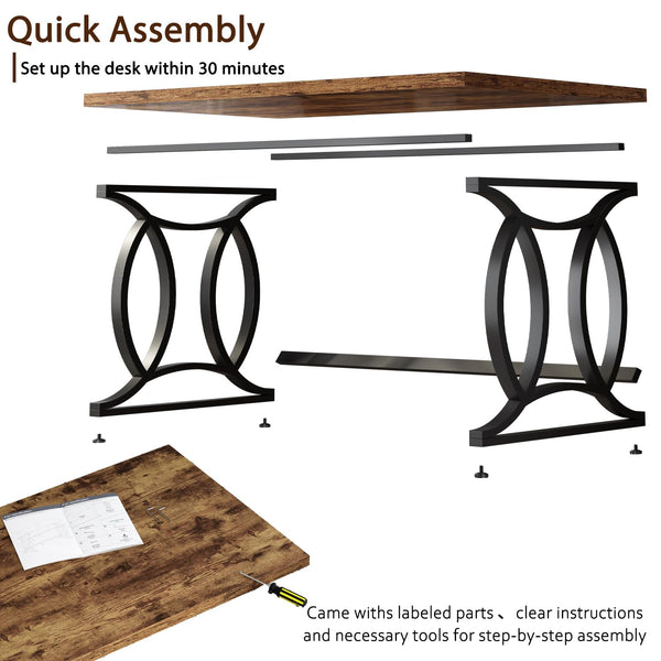 HSH Rustic Home Office Desk, 55 Inch Metal Wood Computer Desk, Simple Industrial Study Executive Desk for Work Writing, Modern Student Gaming Computer PC Table Bedroom, Rustic Brown