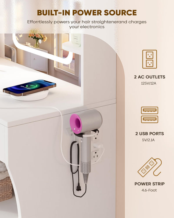 LED Makeup Vanity Desk with Smart Mirror, Power Outlet & Storage