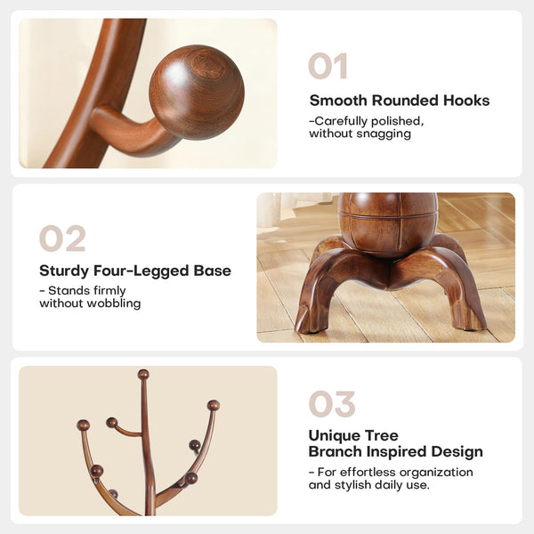 Wooden Coat Rack Freestanding with 8 Hooks