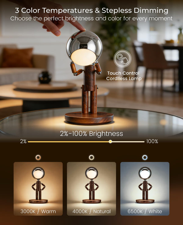 Cordless Rechargeable Wooden Table Lamp with Touch Control & Dimming