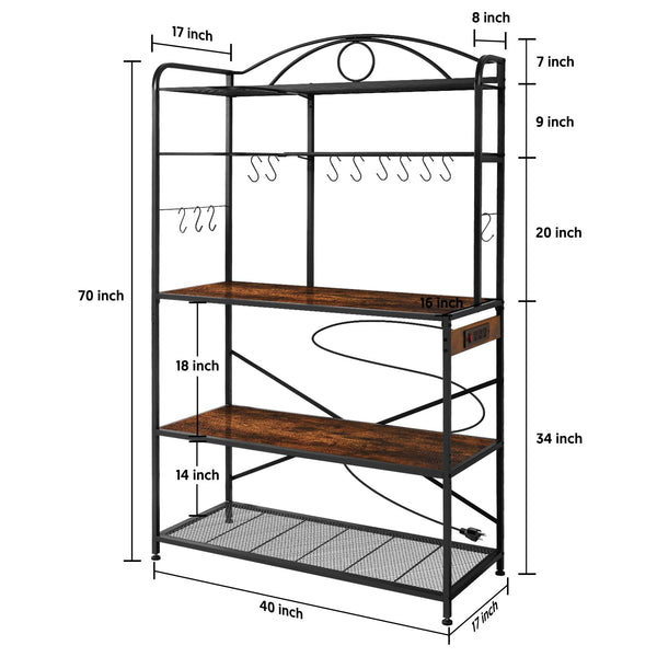 Large Bakers Rack for Kitchen, 40-inch Wide Coffee Bar Station with Power Outlet, 5 Tier Microwave Stand Storage Shelf with S-Shaped Hooks, Metal Frame with Brown Wood Tabletop