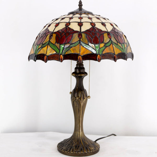 Tiffany Table Lamp Red Stained Glass Tulip 16-Inch