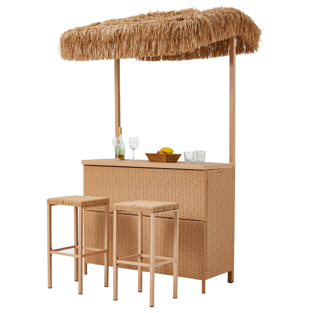 3-Piece Outdoor Tiki Bar Set with Stools & Canopy