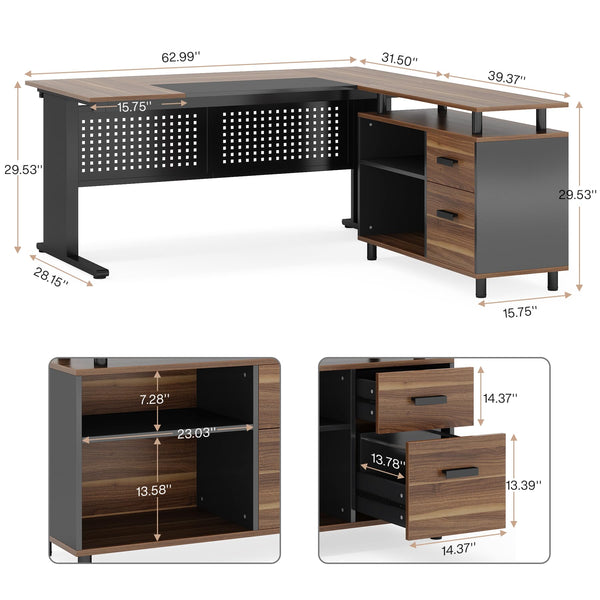 L-Shaped Executive Desk with File Cabinet & Storage Shelves