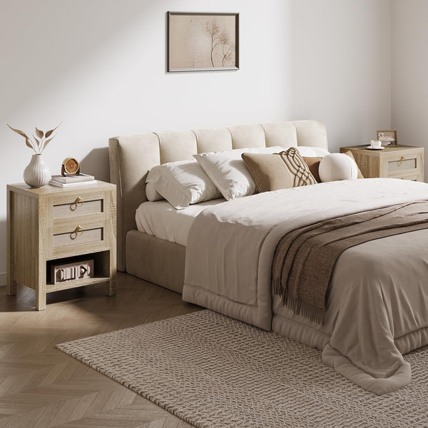 Rattan Nightstand with Charging Station and Storage Drawers