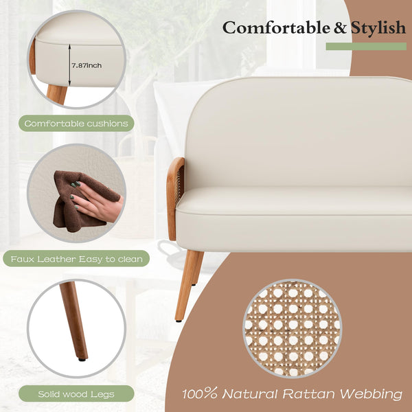 45" Faux Leather Loveseat with Natural Rattan Arms – Beige