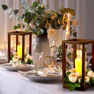 Wood Lantern Wedding Centerpiece Set with LED Candles & Eucalyptus Wreaths – 10 Sets