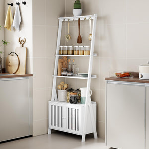 4-Tier Bamboo Ladder Bookshelf with Drawers & Hooks