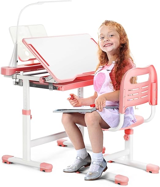 Kids Desk and Chair Set – Height Adjustable Study Desk with LED Lamp