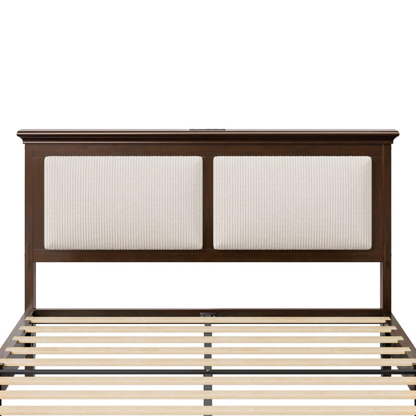 Wood Bed Frame with LED Headboard & Charging Station