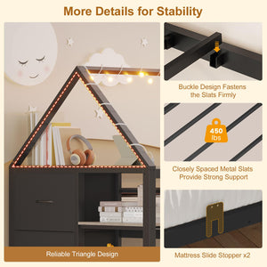 Twin Over Twin House Bunk Bed with Storage Drawers & String Lights