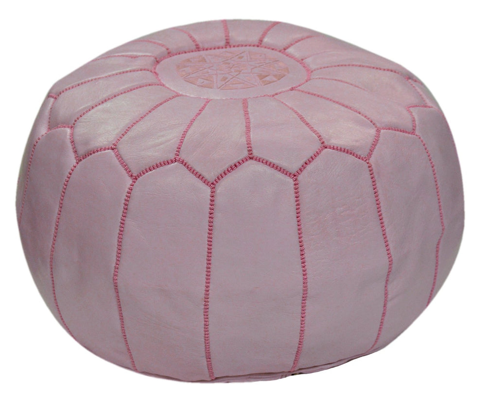 Moroccan Leather Pouf Ottoman – Handmade Round Footstool, Pink