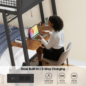 Twin Over Twin Bunk Bed with Desk, LED Lights & Power Outlets