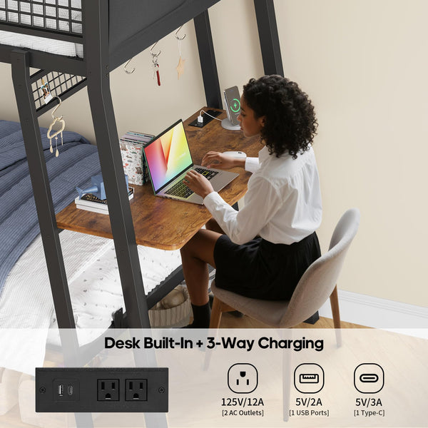 Twin Over Twin Bunk Bed with Desk, LED Lights & Power Outlets