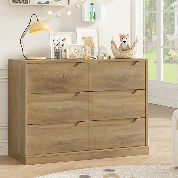 6 Drawer Double Dresser with Storage – Rustic Brown