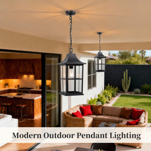 Large Outdoor Pendant Light Fixture – Black Modern Hanging Porch Lantern